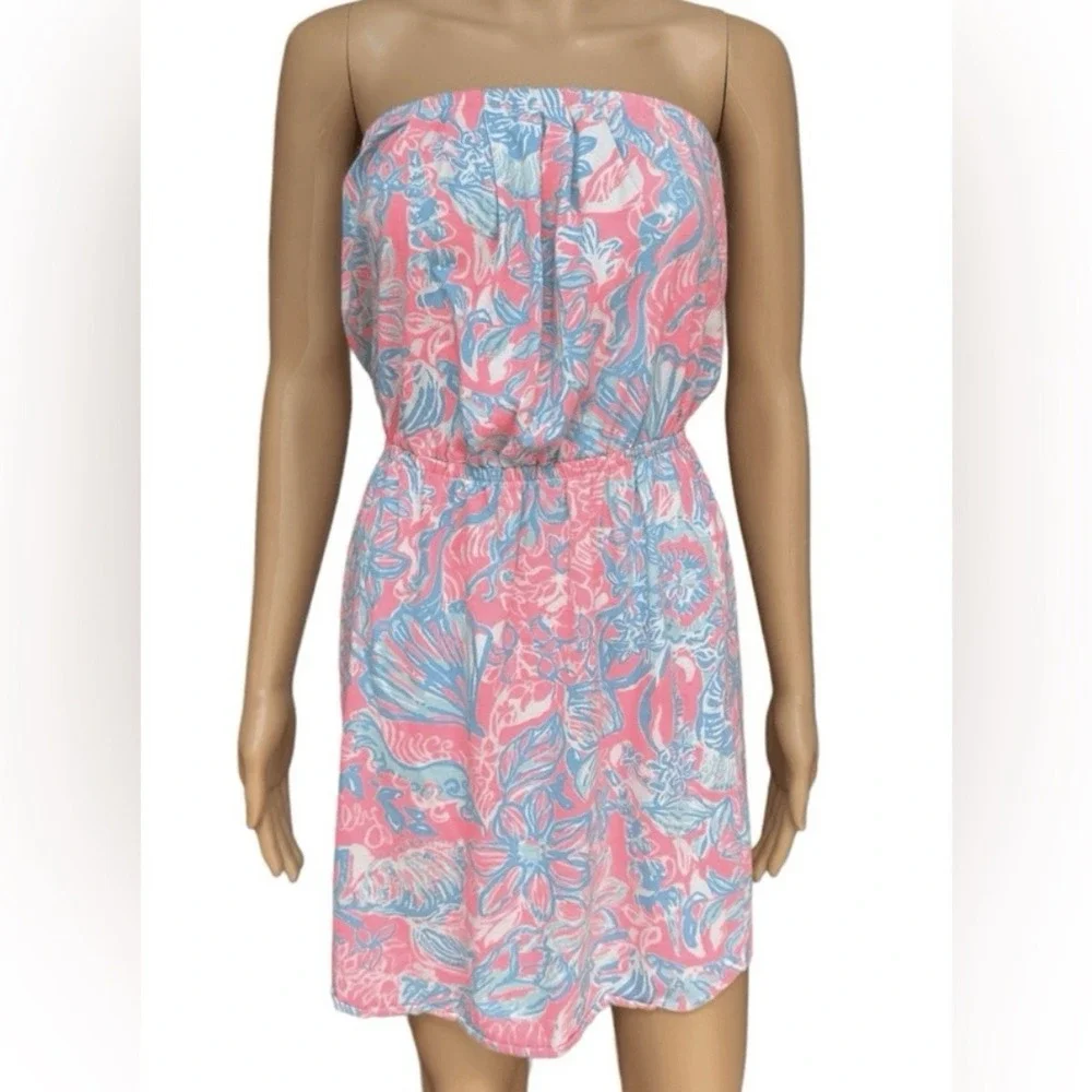 Lilly Pulitzer Windsor Summer Siren Pink Sun Ray Seashell Strapless Dress SMALL - Picture 1 of 8
